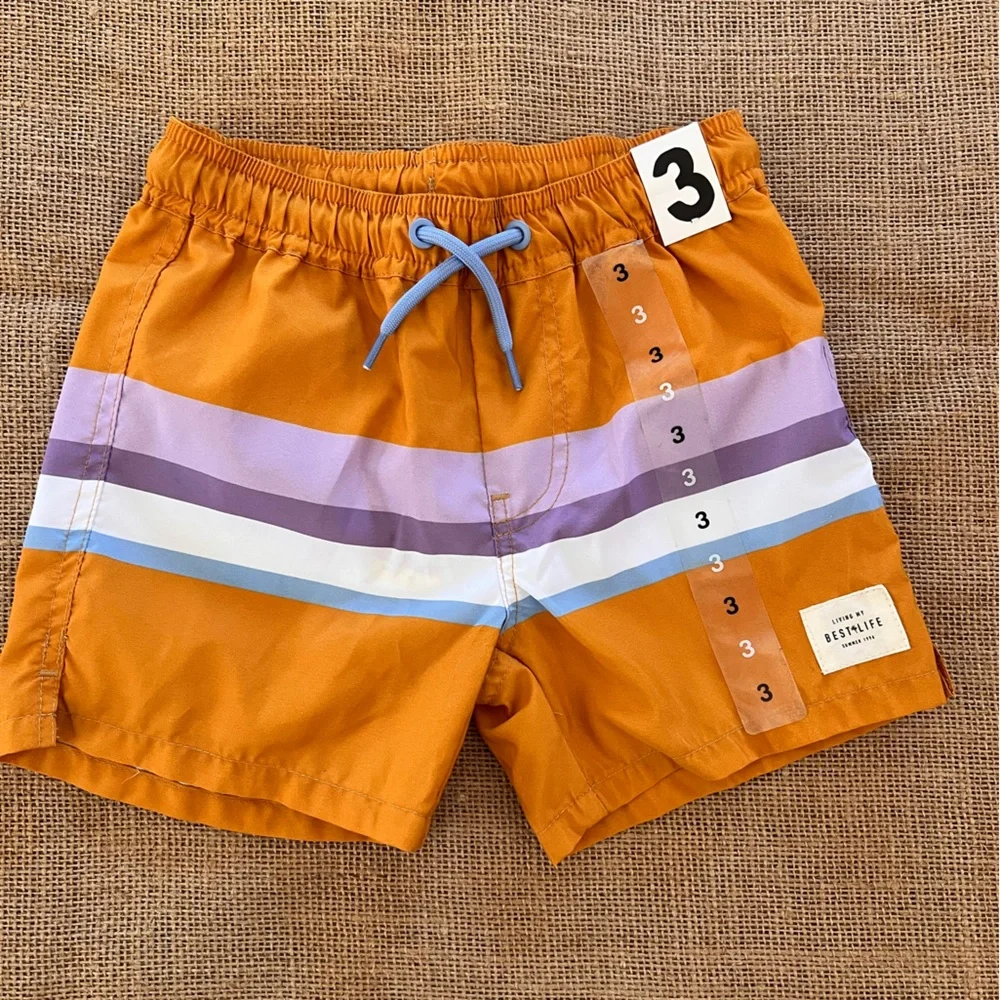 Boys NWT Orange and Purple Swim Trunks with Sporty Stripes summer beach colorful